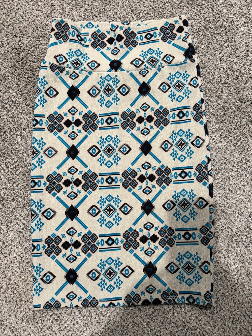 LuLaRoe Cream Pencil Skirt with Blue and Black Geometric Pattern